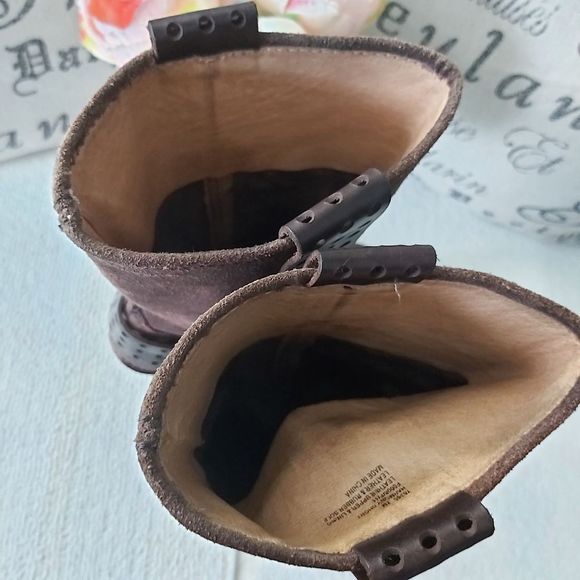 Frye Harmony heel suede leather boots brown harness platform - Picture 7 of 16